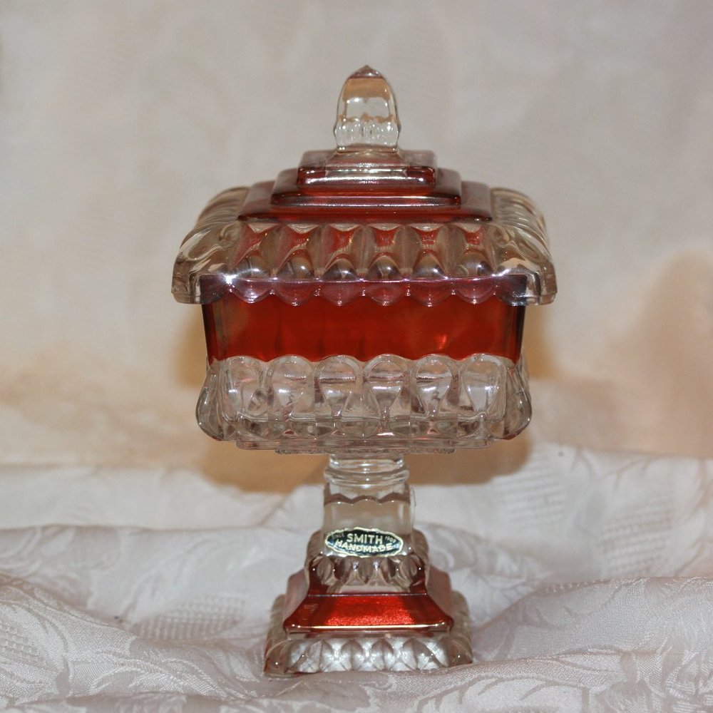 Vintage Smith Glass Flash Cranberry Red & Clear Lidded Candy Dish Compote